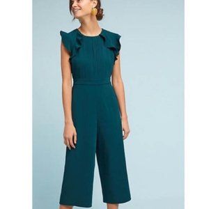 Anthropologie DRA Kaia Green wide leg cropped flutter sleeve Jumpsuit